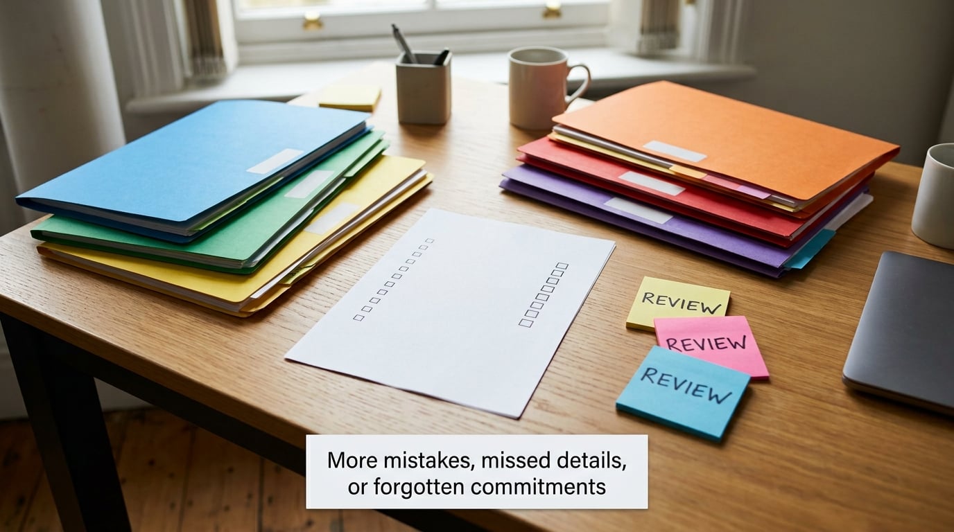 More mistakes, missed details, or forgotten commitments