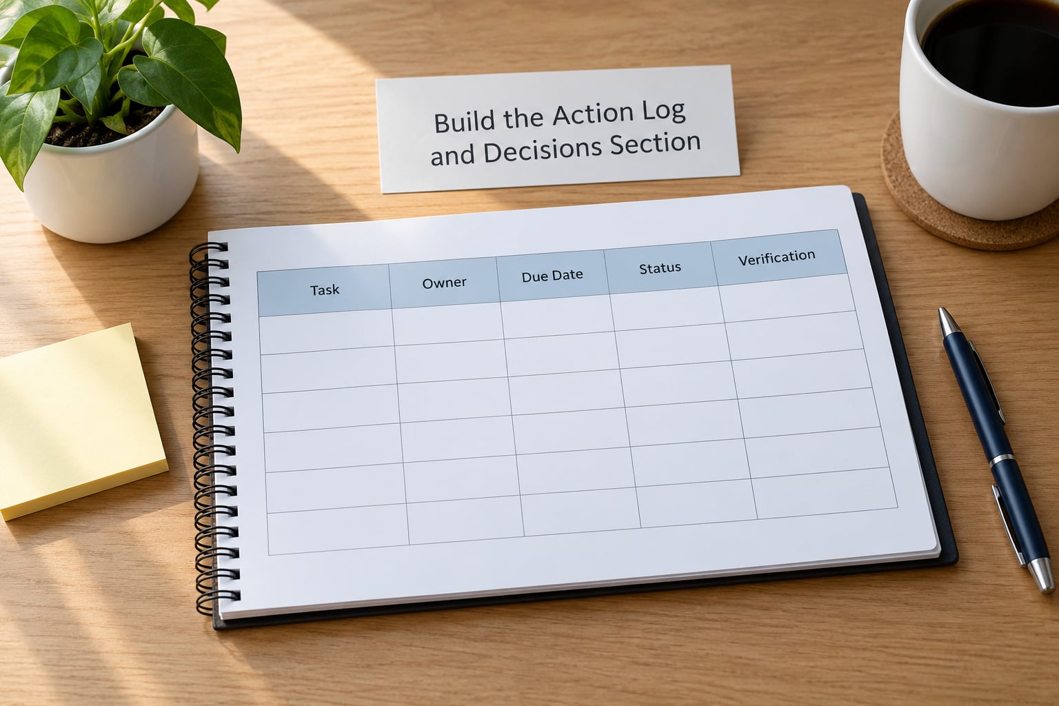 Build the Action Log and Decisions Section